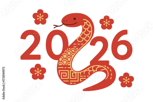 Chinese New Year 2026 greeting card with geometric snake. Lunar year of the snake zodiac symbol. Vector illustration with plum blossom. Asian holiday celebration template.