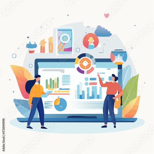 Business data analysis and digital marketing concept with professionals collaborating on charts and graphs for strategic planning, project management, and organizational growth illustration