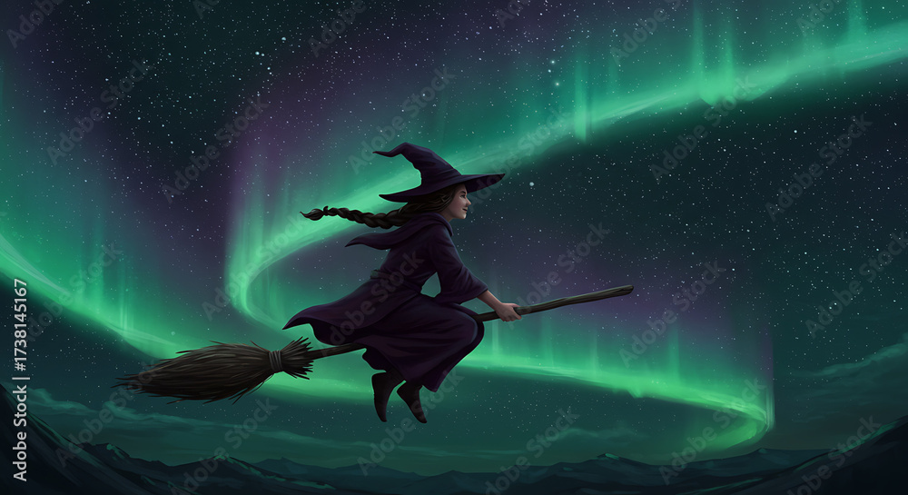 Fototapeta premium Witch flying on broomstick across the glowing night sky 