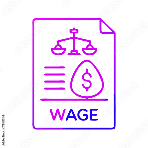 Wage and Legal Document Illustration. The illustration depicts a wage document with an icon representing the concept of law or balance and the symbol of money