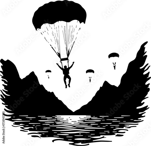 Parachutist Skydiver Landing Over Mountain Landscape Silhouette