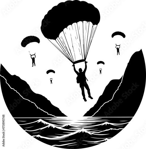 Parachutist Skydiver Landing Over Mountain Landscape Silhouette