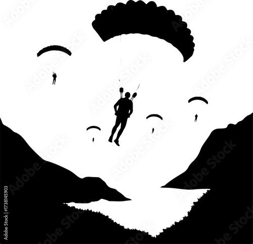 Parachutist Skydiver Landing Over Mountain Landscape Silhouette