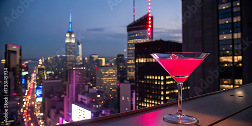 A vibrant pink cocktail sits on a rooftop ledge overlooking the glittering lights of new york city at dusk, with the empire state building illuminated in the background