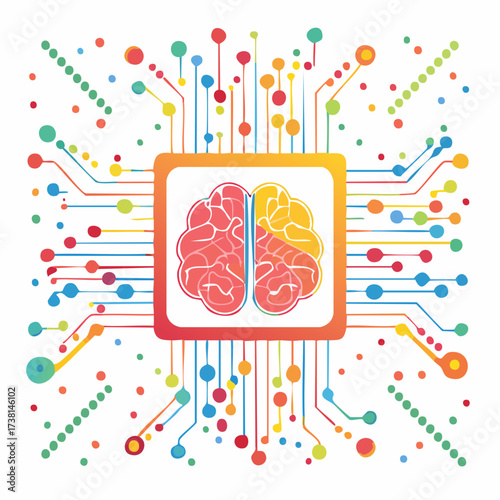 Vector illustration of a brain inside a CPU chip representing artificial intelligence, machine learning, and neural network concepts