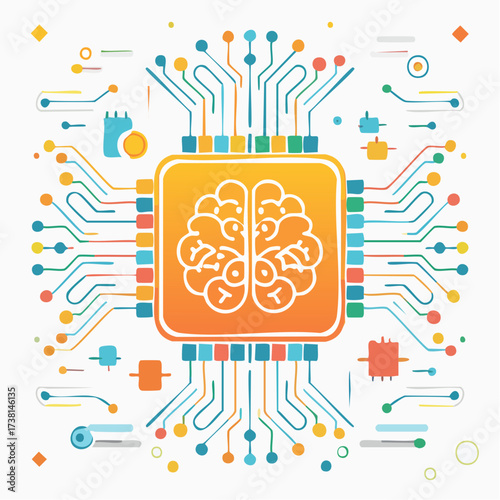 Colorful vector illustration of an AI brain integrated into a central processing unit with digital circuit pathways