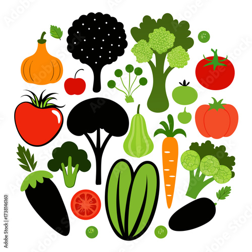 Silhouette of assorted vegetables including broccoli, zucchini, tomato, carrot, and onion, fun black vector illustration on white background