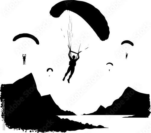Parachutist Skydiver Landing Over Mountain Landscape Silhouette