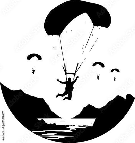Parachutist Skydiver Landing Over Mountain Landscape Silhouette