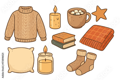 Hygge lifestyle elements set. Danish cozy winter concept. Hand-drawn vector collection with knitted clothes, candles, cacao, books, pillow, blanket and socks for comfort and relaxation.