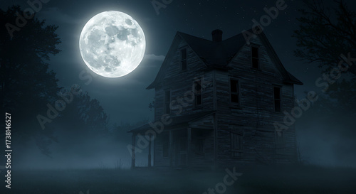 Spooky haunted house glowing under full moon night
