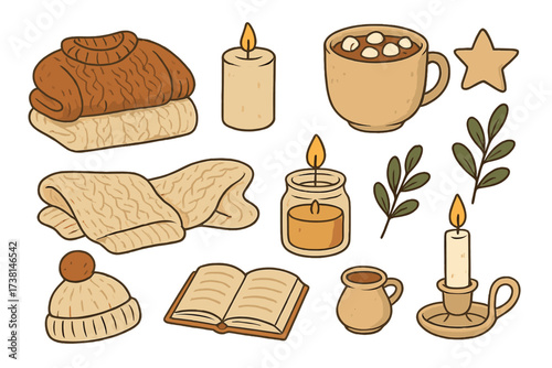 Hygge lifestyle concept vector icon set. Danish cozy home elements for winter and autumn. Collection with knitted clothes, candles, hot chocolate, book and warm scarf.