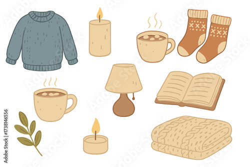 Hygge lifestyle concept with cozy winter elements. Danish comfort and relaxation set. Hand drawn vector illustration of knitted clothes, hot chocolate, candles, book, warm blanket.