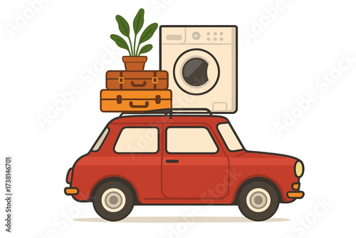 Moving day concept with red vintage car carrying luggage, a washing machine, and plant on roof. Relocation, new home, road trip journey. Flat vector cartoon illustration.