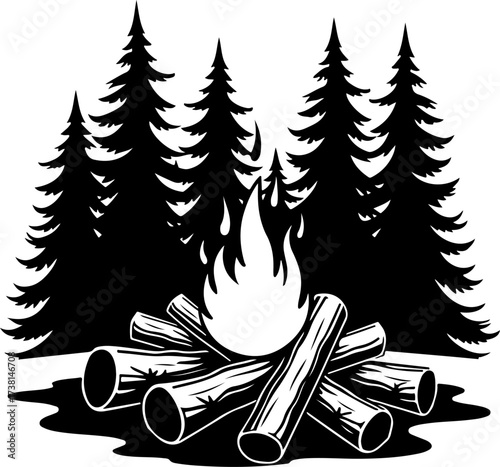 Campfire and Pine Forest Silhouette Vector