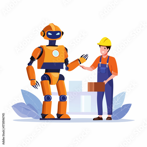 Robot collaborating with a construction worker on a project, showcasing advanced technology in the workforce