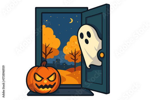Halloween concept with a ghost hiding behind an open door and an angry jack-o'-lantern. Spooky autumn night view. Trick or treat cartoon vector illustration for a kids' holiday party.
