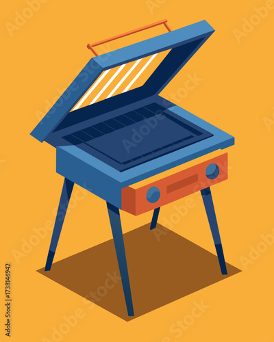 A stateoftheart solarpowered electric grill with adjustable panels allowing for maximum sun exposure and efficient cooking even on cloudy days.. Vector illustration