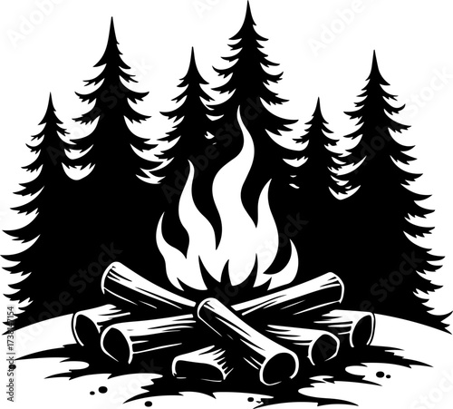 Campfire and Pine Forest Silhouette Vector