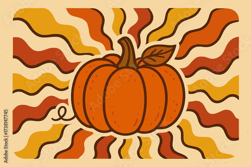 Groovy autumn pumpkin greeting card. Hand drawn fall vegetable with wavy rays. Trendy hippie 70s nostalgic design, psychedelic Thanksgiving print, retro fall season vector.