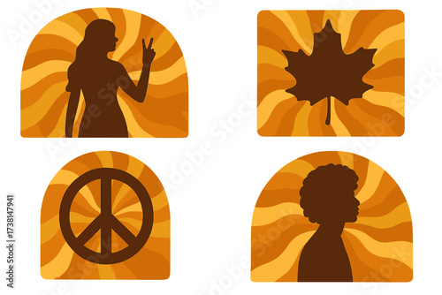 Groovy autumn graphic set with 70s retro hippie silhouettes. Vintage woman with peace sign, afro man, maple leaf, and peace symbol on a wavy psychedelic background.