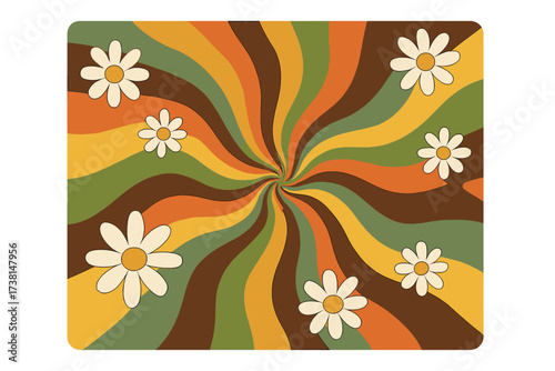 Retro groovy background with daisy flowers. 70s hippie aesthetic with wavy swirl sunburst rays. Psychedelic vintage vector pattern for wallpaper. Abstract cartoon illustration.