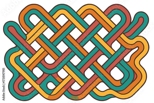 Groovy intertwined psychedelic geometric background. Vintage 70s wavy lines bound in a retro knot pattern. Abstract vector illustration for decorative graphic design.