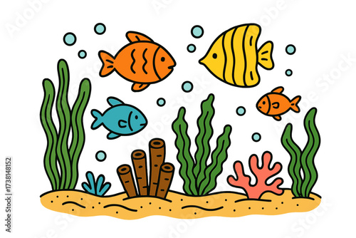 Underwater ocean cartoon background. Hand drawn sea scene with colorful fish, seaweed, coral reef, and bubbles. Cute marine aquatic life vector illustration for children design.