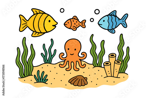 Hand drawn cartoon sea underwater nature scene. Cute ocean background with fish, octopus, seaweed, marine inhabitants. Vector flat design for web, kids illustration, nursery decor.