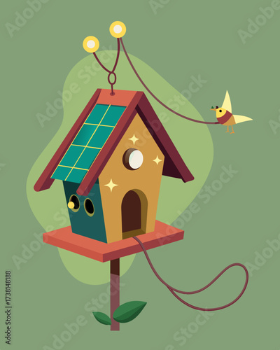 A whimsical birdhouse featuring a miniature solar panel which powers a tiny string of fairy lights inside for a magical touch.. Vector illustration