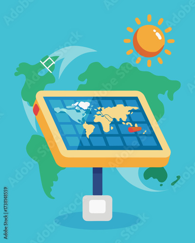 A solarpowered map projector that displays interactive maps teaching students about geography and renewable energy at the same time.. Vector illustration