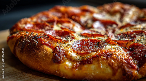 A close up shot of a pepperoni pizza with melted cheese and herbs on a wooden surface in soft lighting