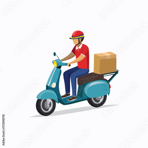 Efficient urban delivery service concept with a courier riding a scooter, transporting a parcel box. Flat vector illustration for fast logistics and express shipping