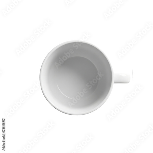 Top-down view of an empty white ceramic mug with a handle, isolated on a white background.