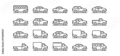 Collection of diverse vehicle outlines, showcasing cars, trucks, and vans for transportation themes