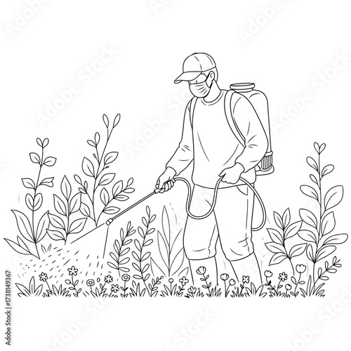 Gardener with Backpack Sprayer, Plant Care and Pest Control Illustration