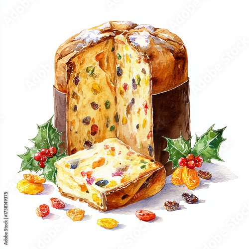 Watercolor illustration of traditional Italian panettone filled with dried fruits and raisins, hand-painted festive Christmas bread clipart, white background.