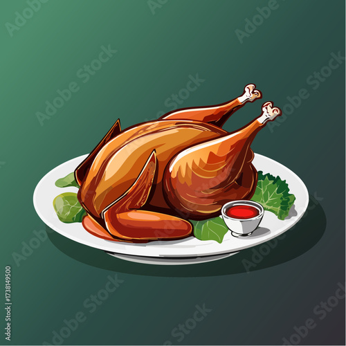 A detailed illustration of a whole roasted turkey or chicken, perfectly cooked and served on a platter for a festive holiday dinner celebration