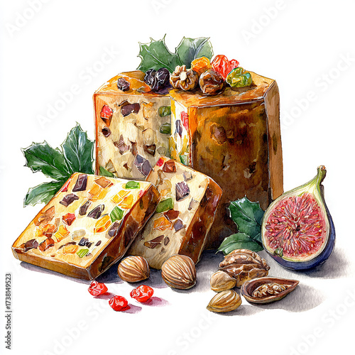 Watercolor illustration of classic Christmas fruitcake topped with dried fruits and nuts, hand-painted holiday dessert clipart, white background.