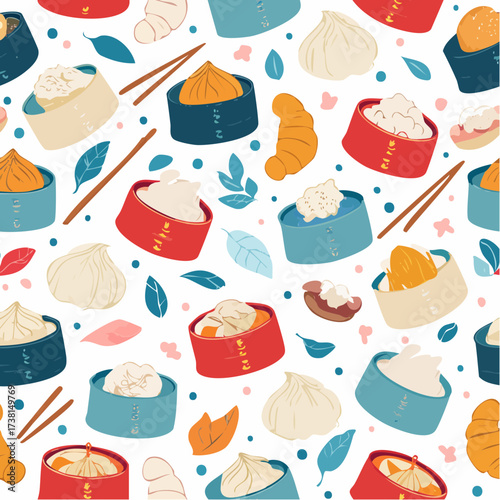 Vibrant seamless pattern of diverse Asian dim sum dishes, including dumplings and bao buns, accented with chopsticks and botanical elements, ideal for culinary backgrounds