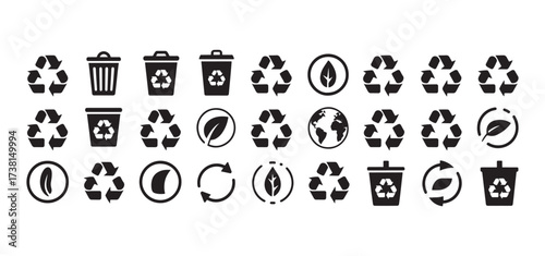 Collection of icons representing recycling, sustainability, and environmental protection.