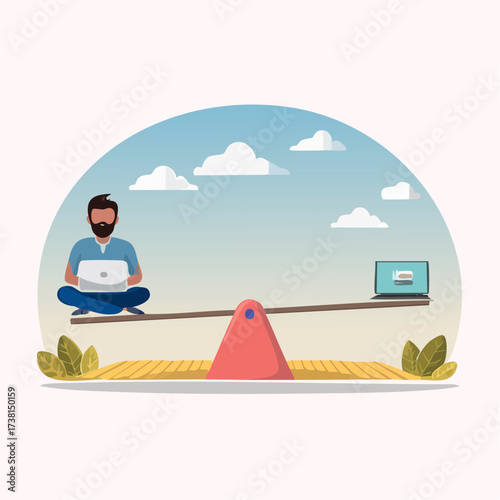 Balance and Priorities Man on Laptop Balancing with a Notebook on a See-Saw in Sky