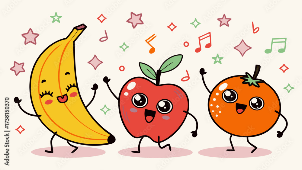 Fototapeta premium Cartoon Dancing Fruits – Cute Kawaii Banana, Apple, Orange with Happy Faces | Adorable Vector Illustration for Kids Fun and Nursery Art
