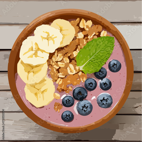 A vibrant and healthy breakfast smoothie bowl, beautifully arranged with fresh banana slices, juicy blueberries, crunchy granola, and a sprig of mint