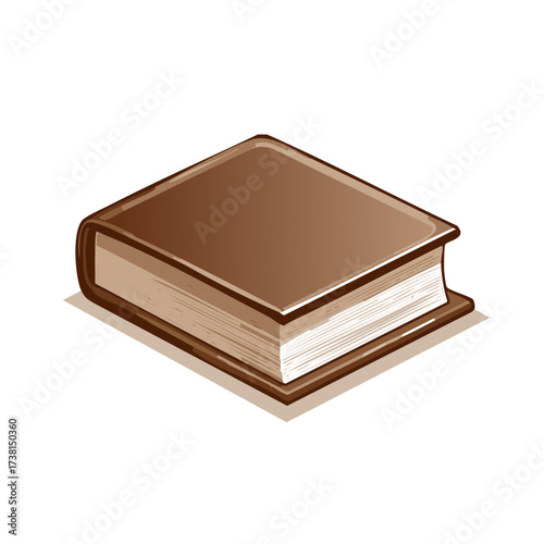 Illustration of closed brown hardcover book on white surface paper pages