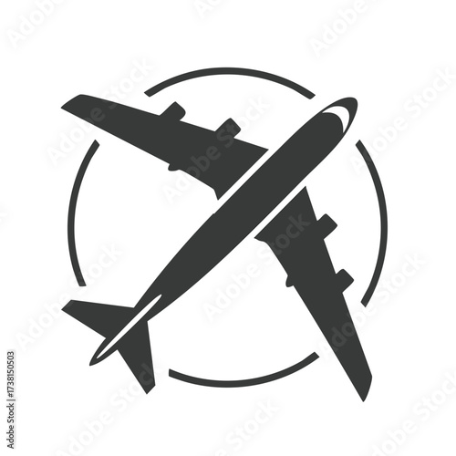 Minimalist black silhouette icon of an airliner, a symbol of global travel and transportation
