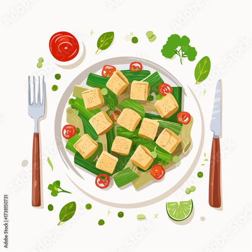 Fresh Tofu and Green Bean Salad with Tomato and Lime Plate Illustration