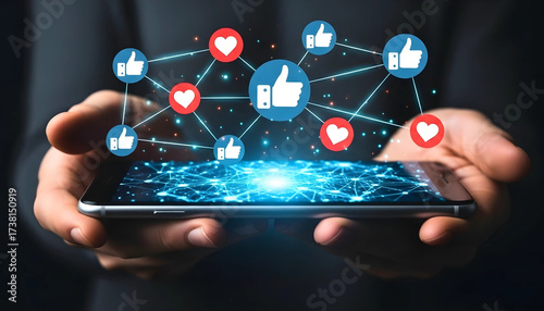 Social media engagement icons floating over a person's hands holding a smartphone, representing online interaction and communication