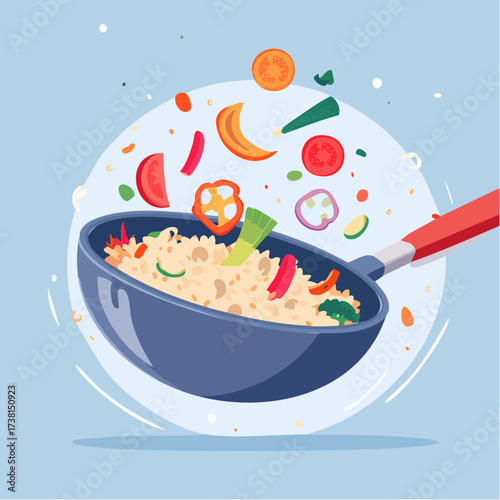 Wok Tossed Delight Vibrant Veggies and Rice Illustration