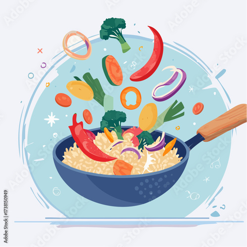 Delicious stir-fry with colorful vegetables and rice cooking in a wok